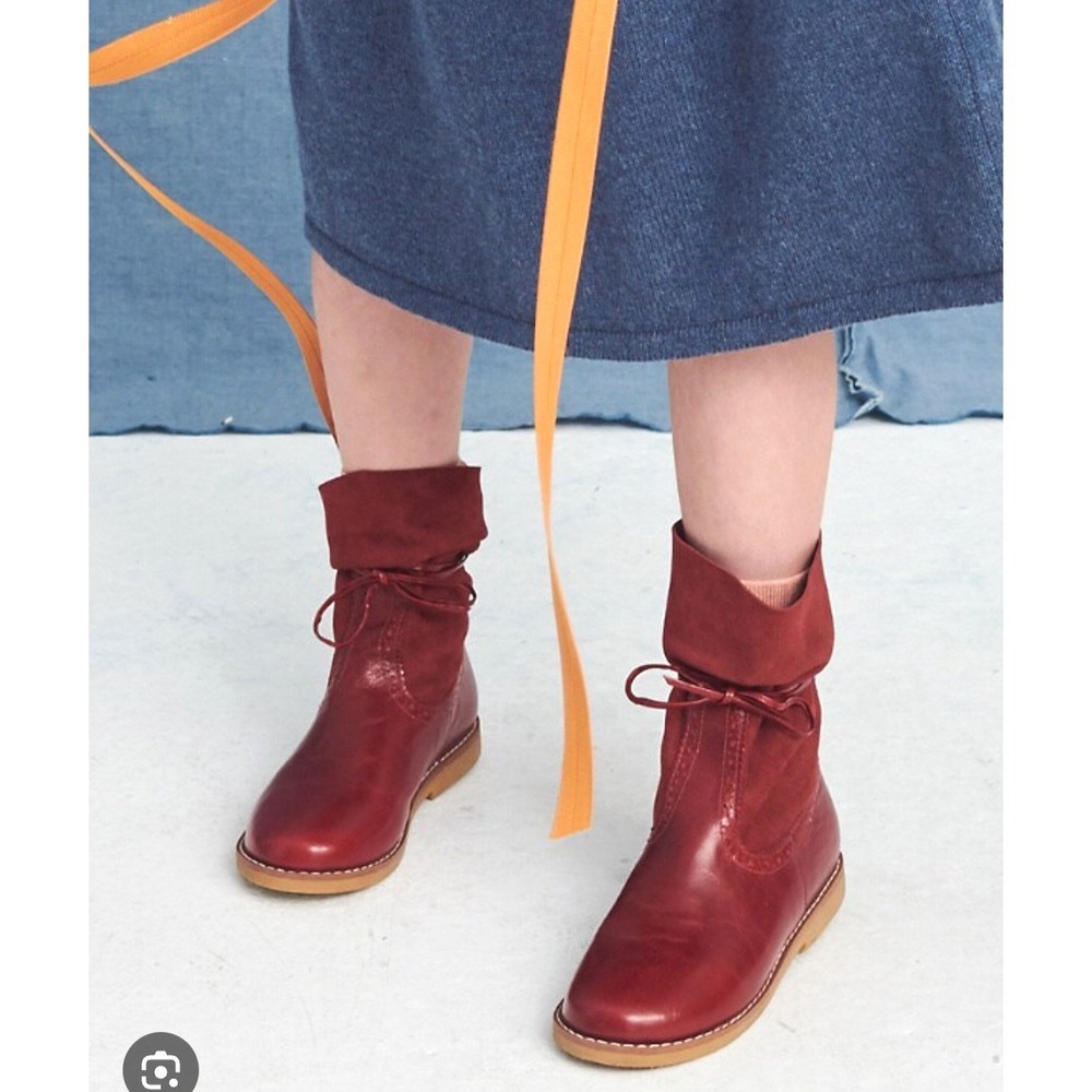 Elephantito Boots Girls Size 12 Mid-Calf Brogue LeatherNubuck Red Bow Detail